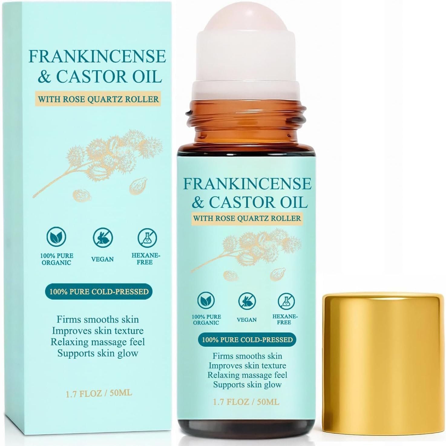 Frankincense & Castor Oil Rose Quartz Roller Ball – Organic Cold-Pressed Castor Oil Roll On with Removable Rose Quartz Stone – Hydrating Skin Conditioning Oil for Face & Body – 1.7 fl oz