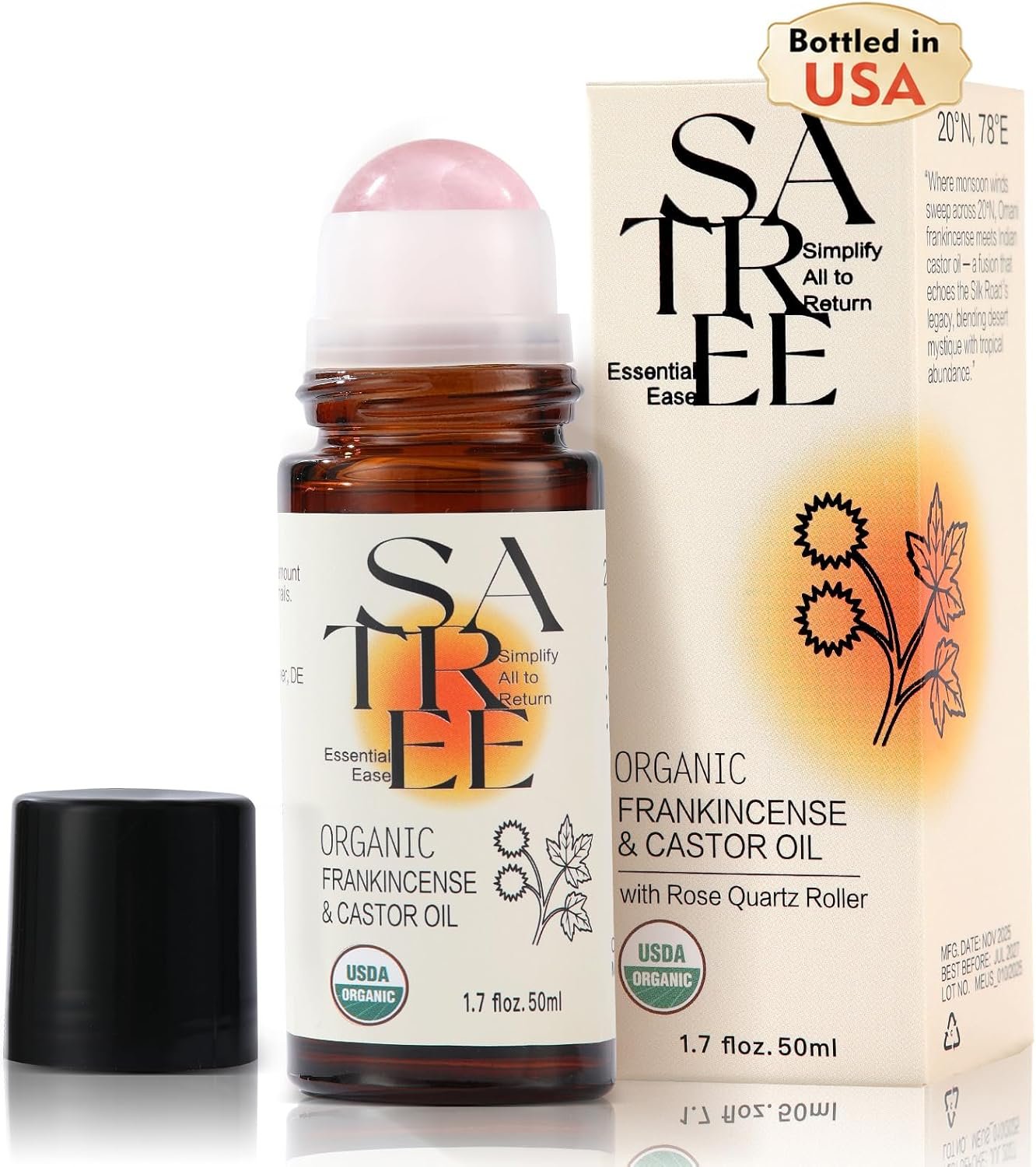 Organic Castor & Frankincense Oil Roll-On with Rose Quartz Roller | USDA Organic, Bottled in USA, Cold-Pressed, Hexane-Free, for Under-Eye, Dark Circles, Fine Lines, Face & Body (1.7 oz)