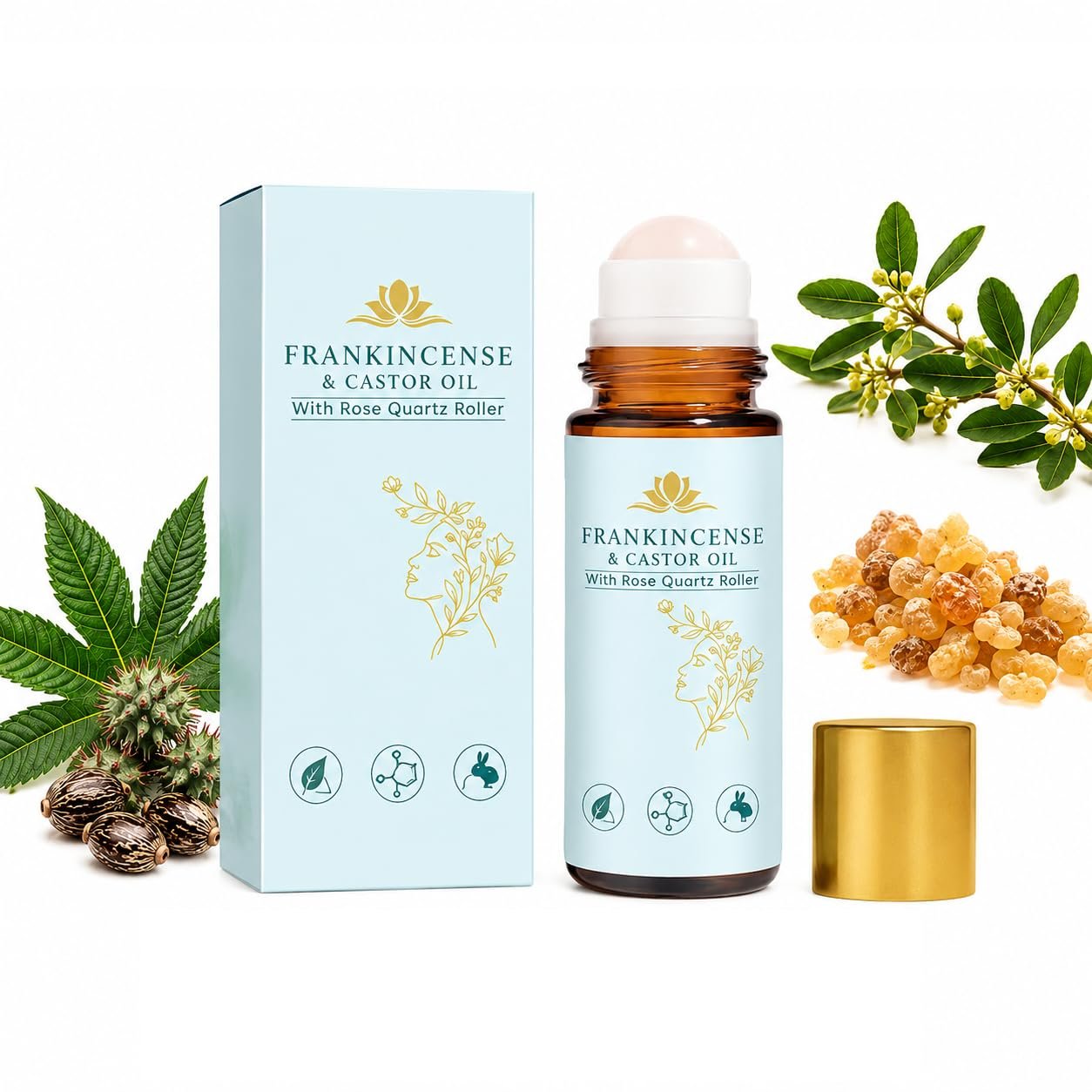 Organic Frankincense & Castor Oil Roll-On with Quartz Rollerball, Pure Natural Cold Pressed Organic Castor, Diminishing Fine Line, Under-Eye & Body Face Moisturizing Care (50ML/1.7OZ)