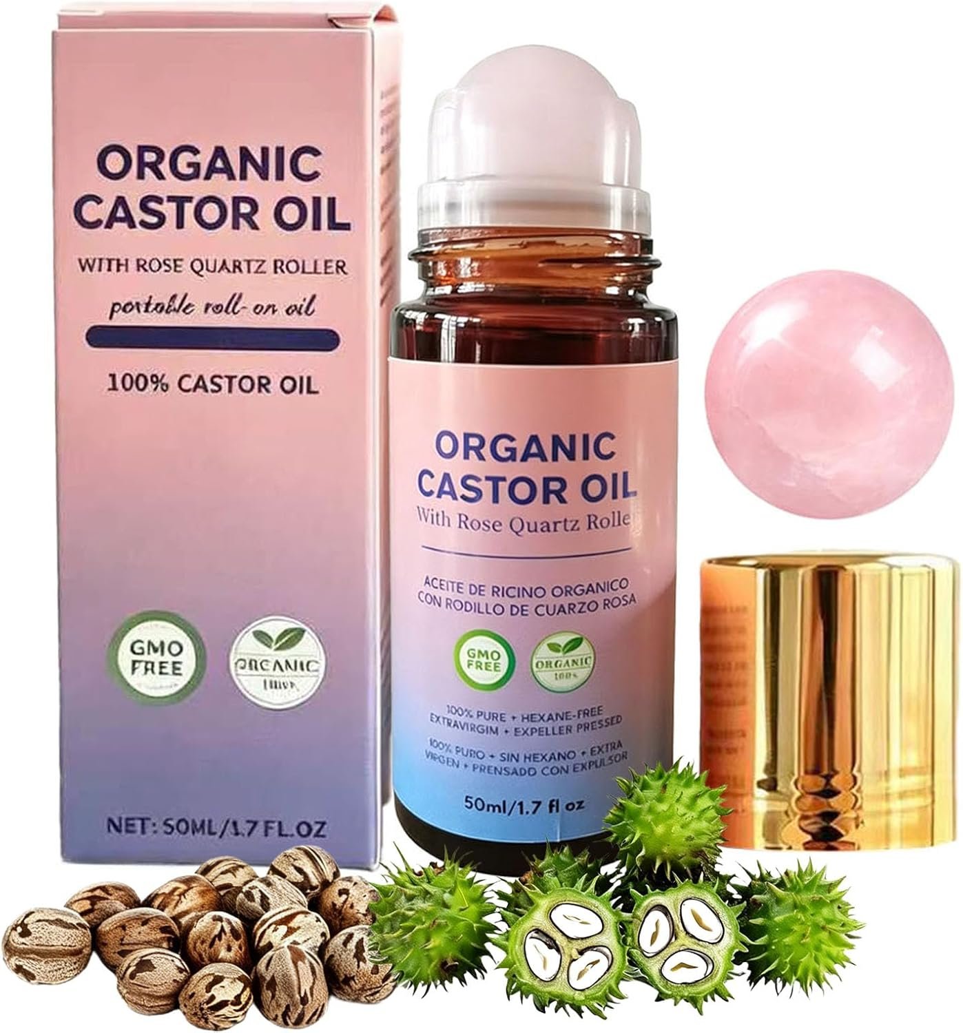 Organic Castor Oil with Rose Quartz Roller Ball, 100% Castor Oil Organic Cold Pressed for Hair, Face & Body Skin Moisturizing Care, Hexane-Free. 1.7 Fl Oz