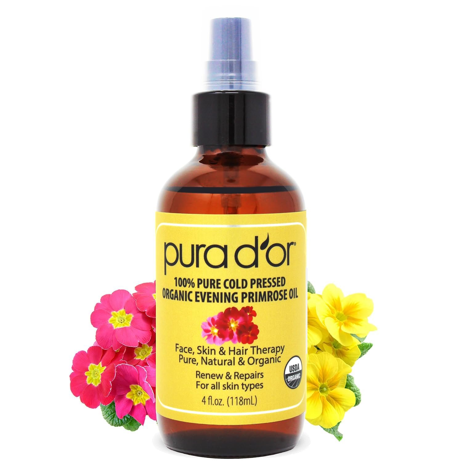PURA D’OR Organic Evening Primrose Oil 100% Pure Cold Pressed w/Essential Fatty Acids & Antioxidant Rich – Moisturizes, Rejuvenates, Renews & Restores – Skin, Hair & Face 4 Oz Ayurvedic Skin Care