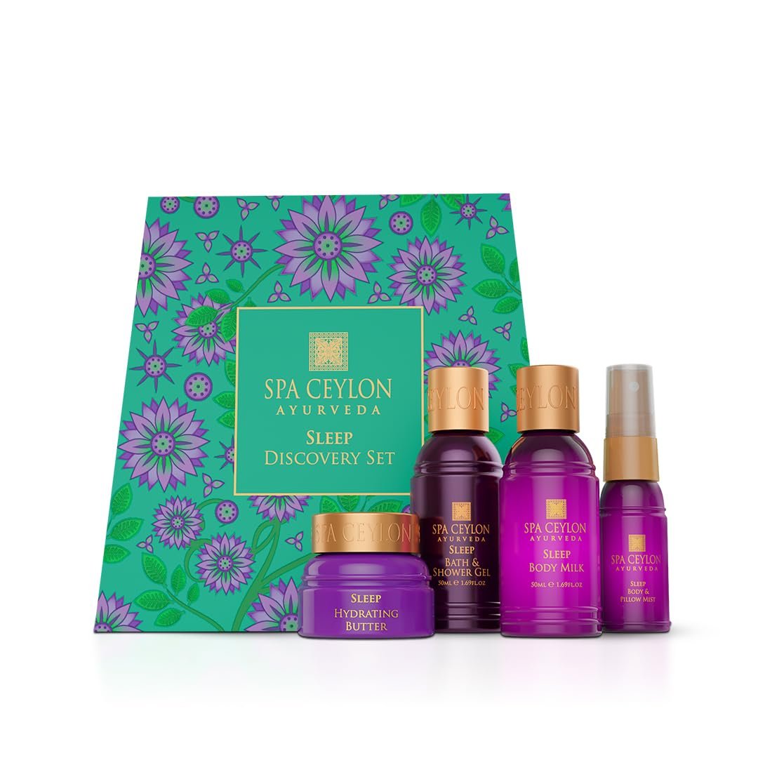 Spa Ceylon Ayurveda Sleep Discovery Set – 4-Piece Natural Bedtime Gift Set with Lavender, Ylang Ylang & Patchouli – Shower Gel, Body Milk, Pillow Mist & Hydrating Butter