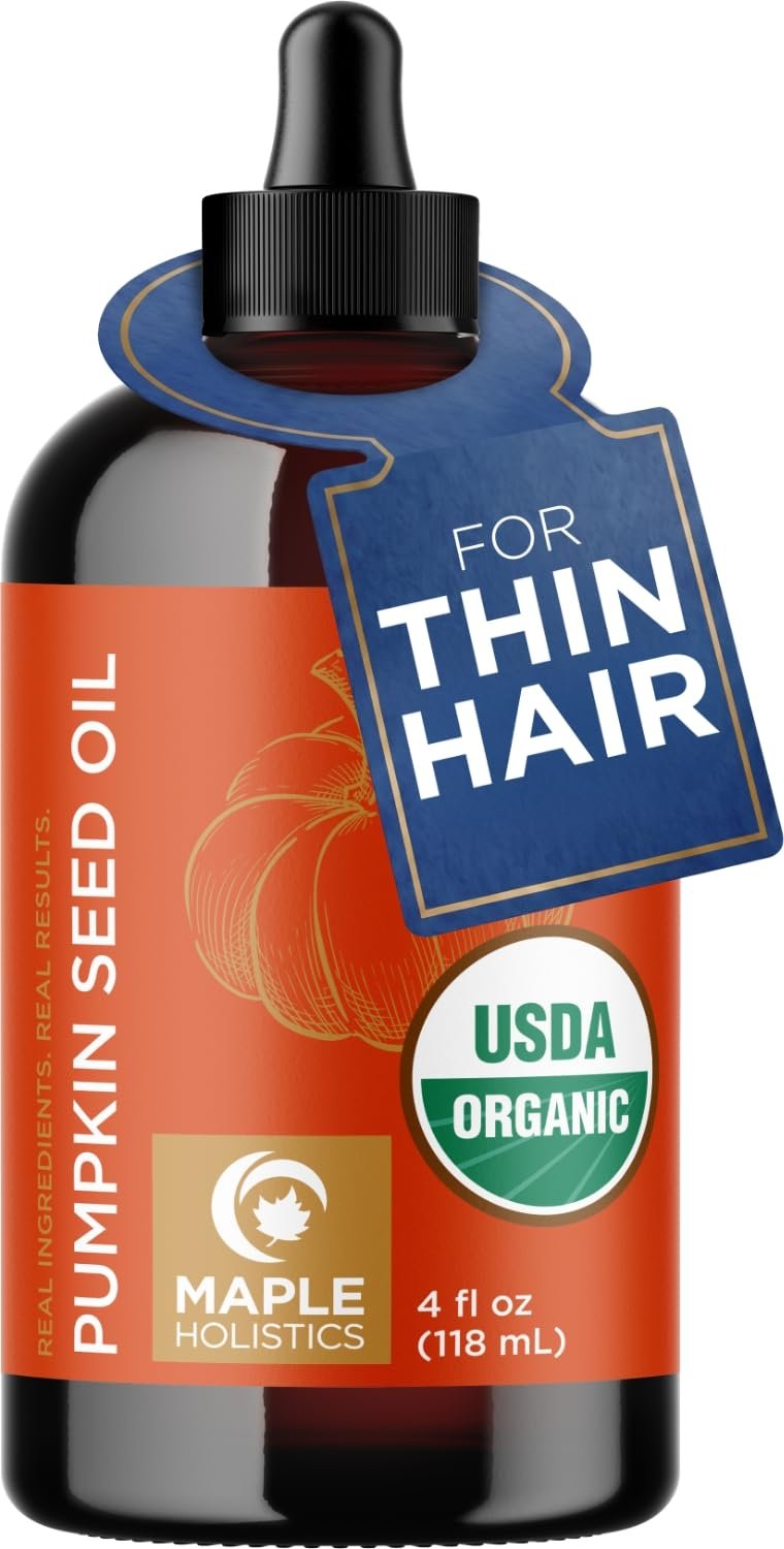 Maple Holistics Pumpkin Seed Oil Organic Certified – 100% Pure Organic Pumpkin Seed Oil for Hair and Anti Aging Face Oil – USDA Organic for Dry Hair and Volume – Virgin Cold Pressed & Unrefined (4oz)