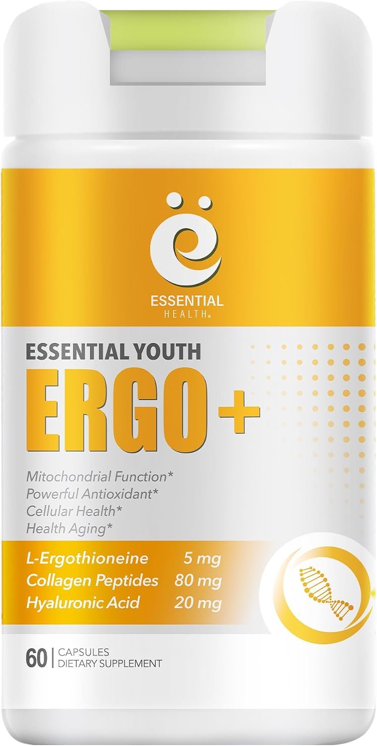 L-Ergothioneine with Collagen Peptides, Hyaluronic Acid, Vitamin C, and E – Advanced Antioxidant, Promotes Longevity & Healthy Aging – Gluten-Free, 60 Capsules (1 Pack)