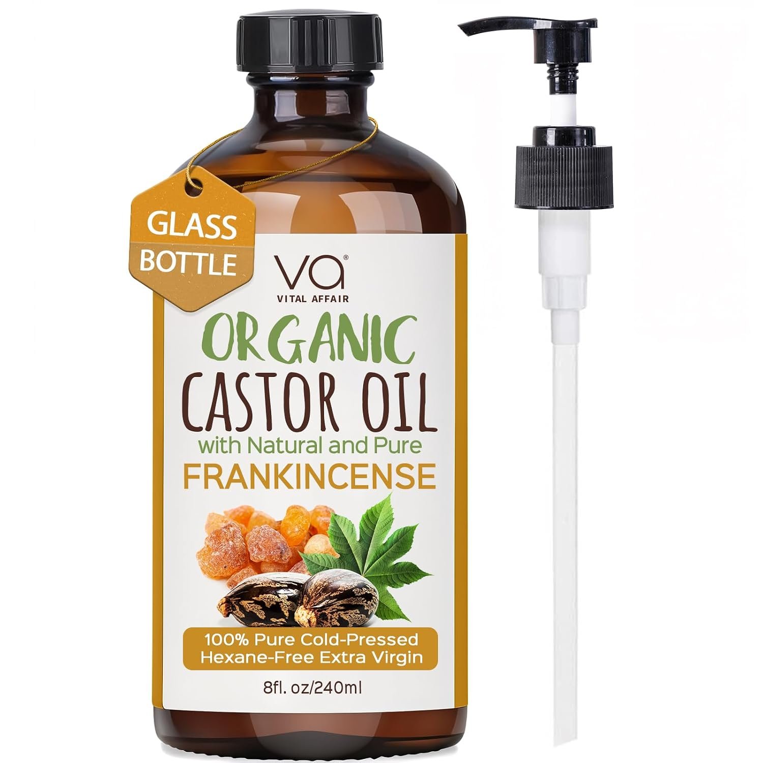 Organic Castor Oil with Frankincense Oil 8oz Glass Bottle For Face & Hair