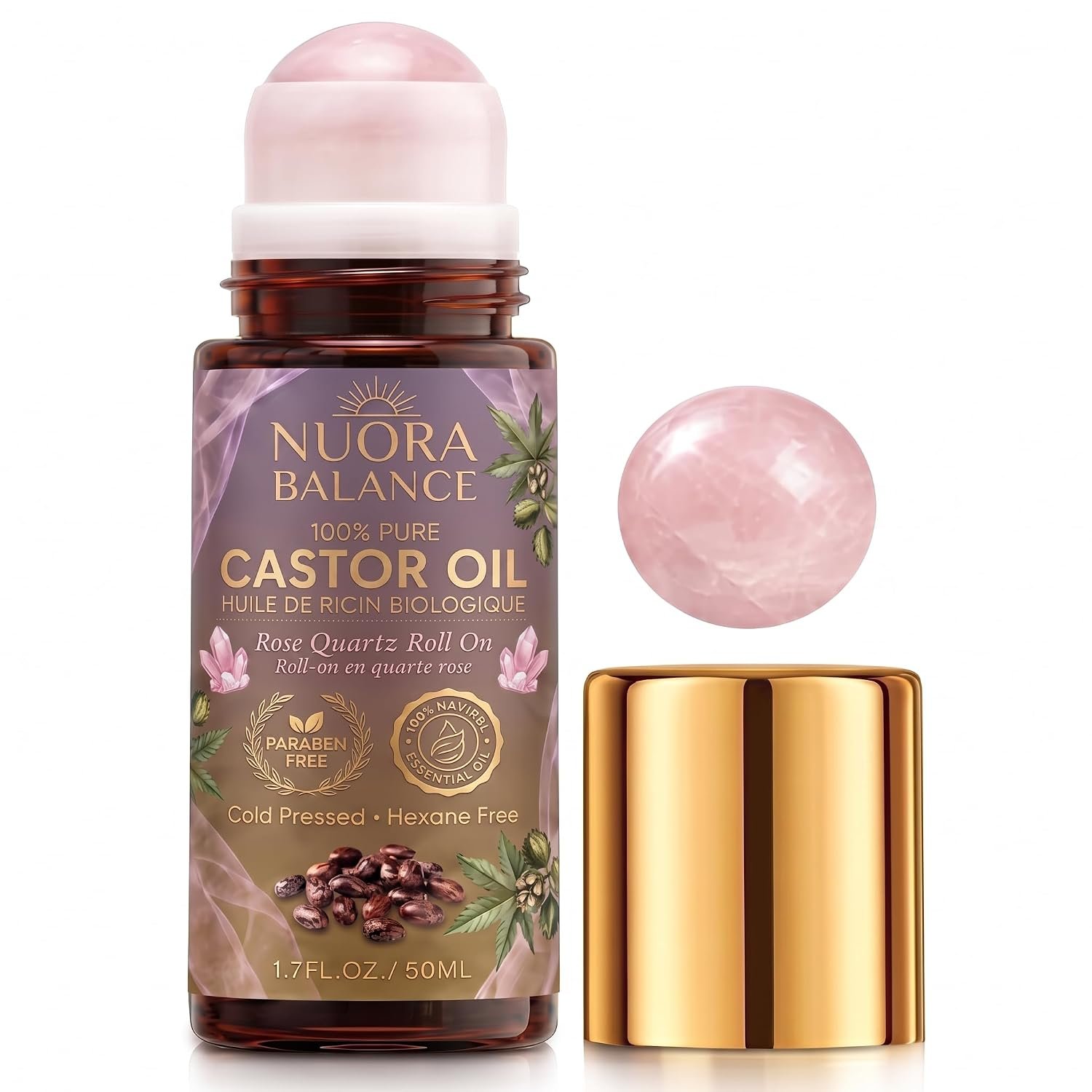 Organic Castor Oil Roller, Rose Quartz Ball for Face & Dry Skin 1.7oz