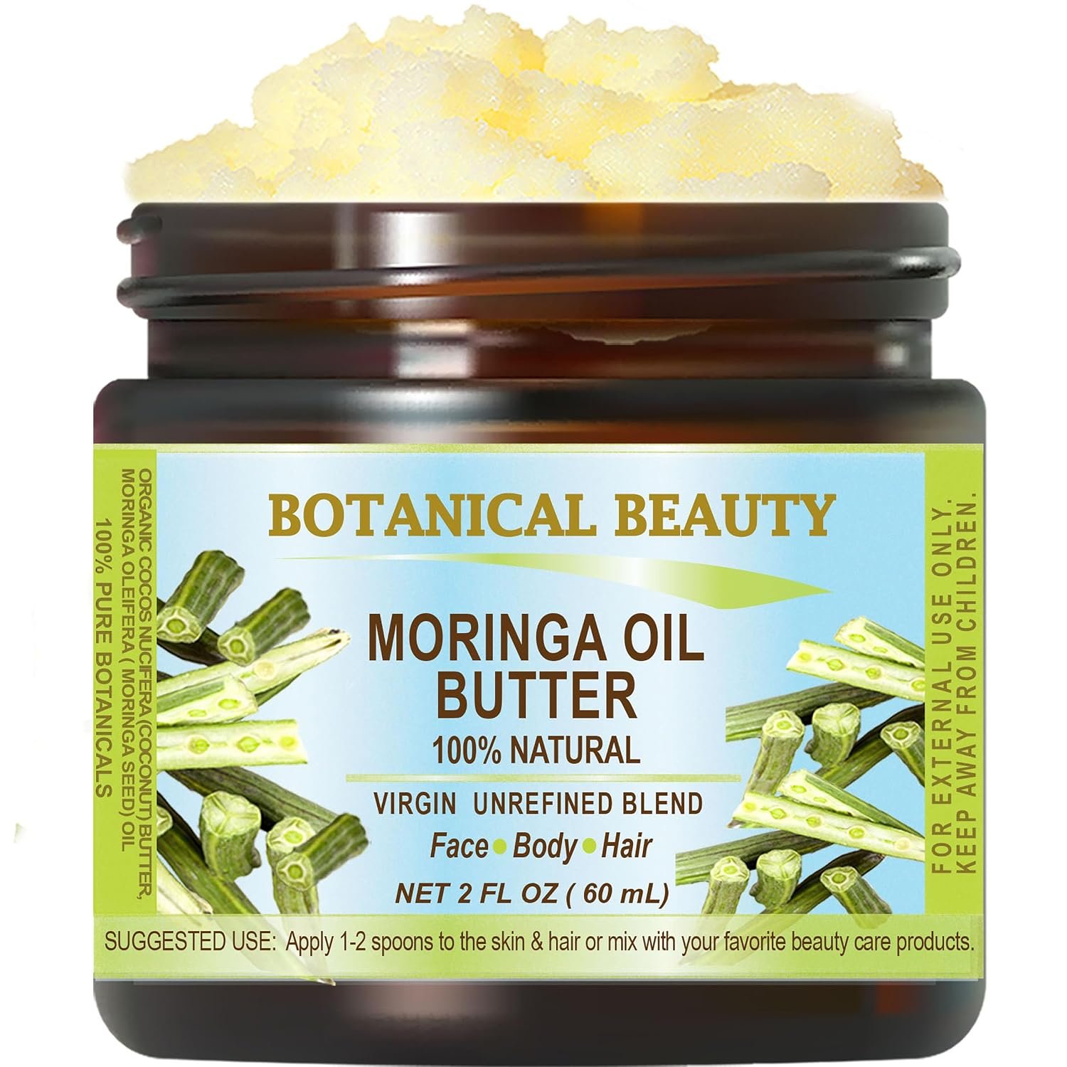 Botanical Beauty‎ MORINGA OIL BUTTER Pure Natural Virgin Unrefined RAW 2 Fl. Oz.- 60 ml for FACE, SKIN, BODY, DAMAGED HAIR, NAILS.